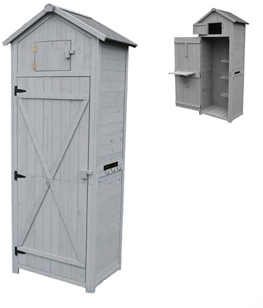 Relaxdays Armadio da Giardino in Legno, Tetto bituminoso, 3 Ripiani Rimovibili, Tavolo Pieghevole, 180,5x75x50cm, Grigio