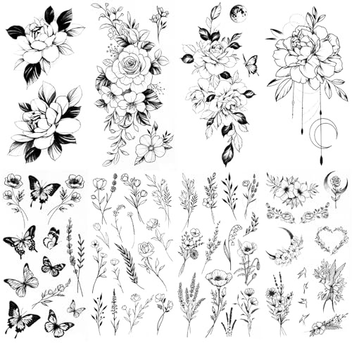 8 Sheets Floral Temporary Tattoos for Women, Flower Butterfly for Body Leg