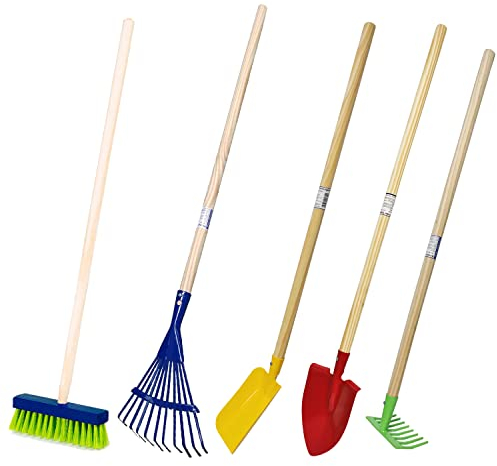Kinder Gartengeräte Kindergartengeräte 1 von 8, Kinder Garten Werkzeuge Geräte Schaufel, Besen, Rechen, Laubbesen, Harke, Grubber, Doppelhacke, Spaten, Metall mit Holzstiel (SET 5 tlg.)