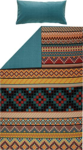 Erwin Müller Bettwäsche, Bettgarnitur Flanell Ethno, Hahnentritt-Muster bunt Größe 80x80 cm / 135x200 cm - kuschelweich, klimaausgleichend, mit praktischem Reißverschluss