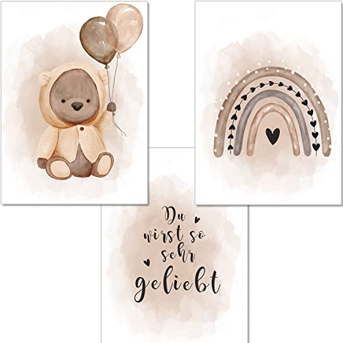artpin® Bilder Kinderzimmer - A4 Poster Babyzimmer Junge Mädchen beige braun Baby Bär Luftballon P85