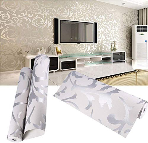 Ejoyous Carta da Parati in Tessuto Non Tessuto Vintage Damasco Goffrata con Ornamenti 3D per Soggiorno Ufficio 10m x Argento