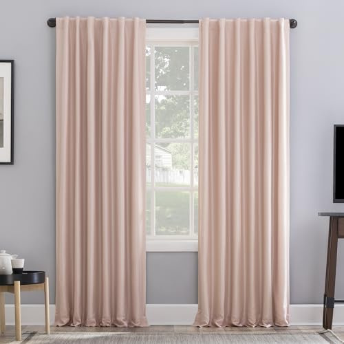 Sun Zero Greyson Faux Dupioni Silk Thermal Extreme Total Blackout Back Tab Curtain Panel, 50 x 63, Blush Pink