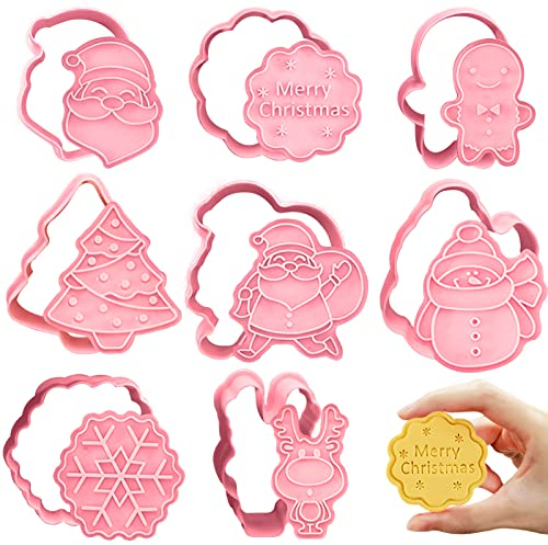Lot de 8 Emporte pièces Noël,Emporte-pièces 3D en plastique,Moule à Biscuits pour Enfants de Noël avec poussoir,pour Décoration de Fondant, Cookie, Gâteau
