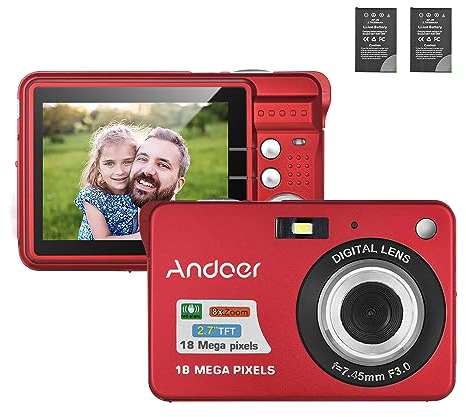 Andoer Digital Camera, 18MP Compact Digital Camera with 2.7 LCD Screen, 8X Digital Zoom Anti-Shake Vlogging Camera with 2 Batteries, Portable for Kids Teen Adult Beginner, Red