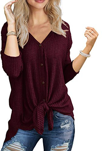 IWOLLENCE Women's Waffle Knit Tunic Knot Tie Blouse Long Sleeve Tops V-Neck Casual Loose Bat Wing Shirts (Burgundy, L)