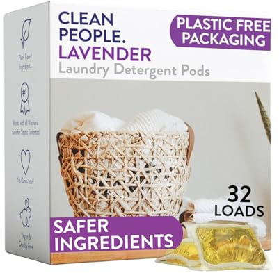 Clean People Laundry Washing Capsules - Plant-Based, Hypoallergenic Laundry Capsules - Ultra Concentrated, Plastic Free, Recyclable Packaging, Stain Fighting - Lavender, 32 Pack
