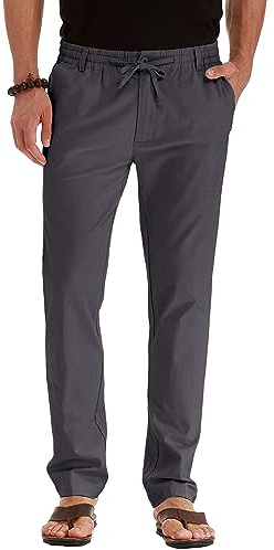 Sailwind Pantaloni da uomo estivi da spiaggia con coulisse, pantaloni in lino casual con elastico in vita, B16 Grigio Scuro, W30