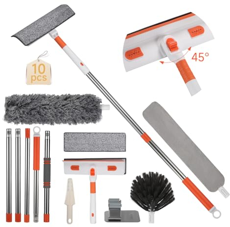 Window Cleaning Squeegee, Window Squeegee Extendable, Window Cleaning Kit with Window Cleaning Pole Include 5 Cleaning Heads & 1 Sticky Hook, Extendable to 235cm Window Cleaning Tools