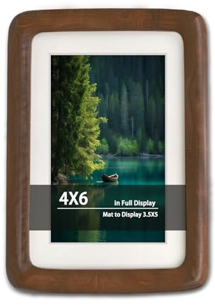RRQKMBO 4x6 Picture Frame with Mat to 3.5x5, Natural Dark Walnut Wooden Handcrafted Frame Rounded Corner with Real Glass, Vertical or Horizontal Display for Photo Wall & Tabletop