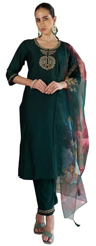 VredeVogel Women's Cotton Silk Embroidered Kurta with Pant & Organza Dupatta Set (Green_Small)