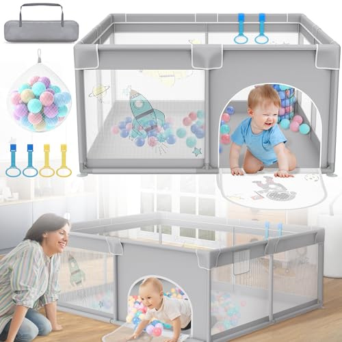 HENGMEI Laufgitter Baby 150 X 180cm Laufstall Absperrgitter Faltbar Aktivitätszentrum aus Kunststoff Mit 50 Bunten Kugeln, Atmungsaktivem Netz Sicherheitsspielplatz (Astronauten)