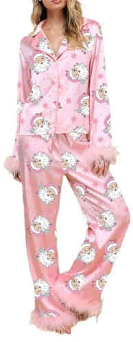 LYSINK Pigiama natalizio da donna, set da salotto con Babbo Natale/albero di Natale/stivali/camicie con stampa, top e pantaloni, 2 pezzi, Rosa Sib, L