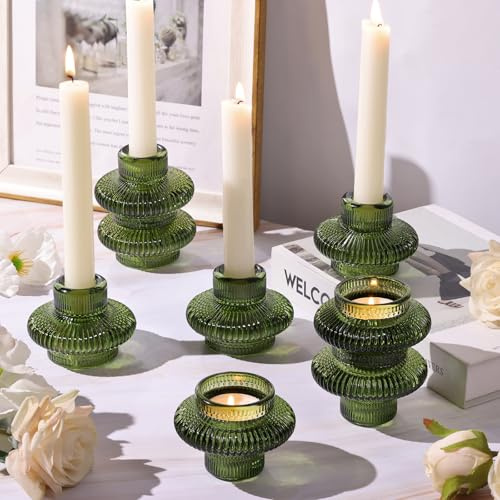 Green Taper Candle Holders Set of 8, Ribbed Glass Candlestick Holders