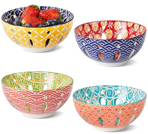 Metahom Ceramic Berry Basket, 6 Colorful Fruit Bowl, Round Berry Colander, Cute Small Container for Strawberry, Fruit Basket for Kitchen Counter, Set of 4