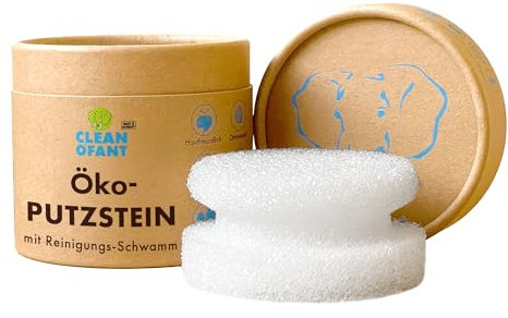 CLEANOFANT Putzstein mit Reinigungs-Schwamm | Set | Öko-Universalreiniger Reinigungsstein für den ganzen Haushalt | Universalstein Allzweckreiniger in umweltfreundliche Karton-Dose