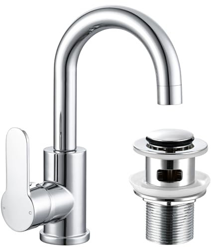 Rubinetto miscelatore per lavabo girevole per bagno con scarico pop-up, moderno rubinetto mono a collo di cigno rubinetto da bagno monocomando rubinetti per lavabo per bagno, cromato