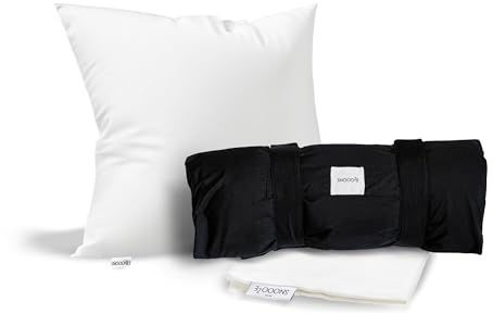 SnooozeGo Mini cuscino da viaggio in 100% piuma d'oca, per donne e uomini, morbido, compatto, leggero, traspirante, con custodia in cotone, perfetto per viaggi di lavoro, accessori essenziali per