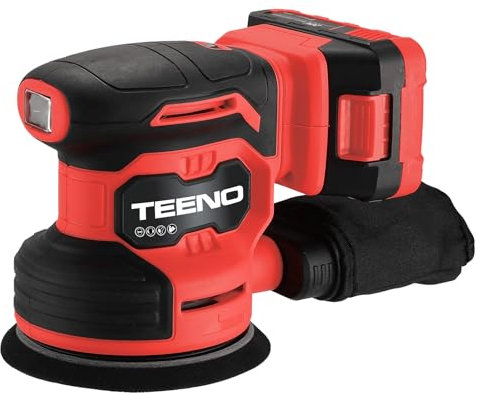 Lijadora Orbital Inalámbrica TEENO de 125 mm y 20 V, 13,000 rpm, con 25 hojas de lija y colector de polvo, con aspiradora