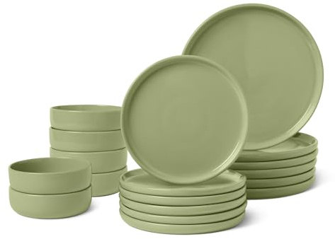Amazon Basics Servizio da Tavola in Gres Smaltato, Set di 18 Pezzi, 6 Coperti Completi, Lavabile in Lavastoviglie, Verde Oliva