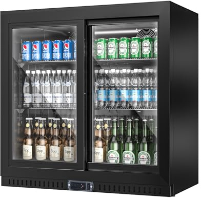 Rockitch Back Bar Cooler, 7.4 Cu.ft Under Counter Beverage Refrigerator with 2 Sliding Glass Doors, LED Light, Adjustable Shelves, Beer Wine Soda Drink Fridge for Home Bar, Restaurant, ETL Approved