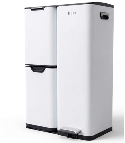 Bayt Poubelle Cuisine 60 Litres - Poubelle Tri Selectif Cuisine Pédale 60L | De Tri Déchets et Recyclage 3 Compartiments | Bac De Tri Inox Anti Odeur | Poubelles a Pedale 3 Bac Chambre - Blanc