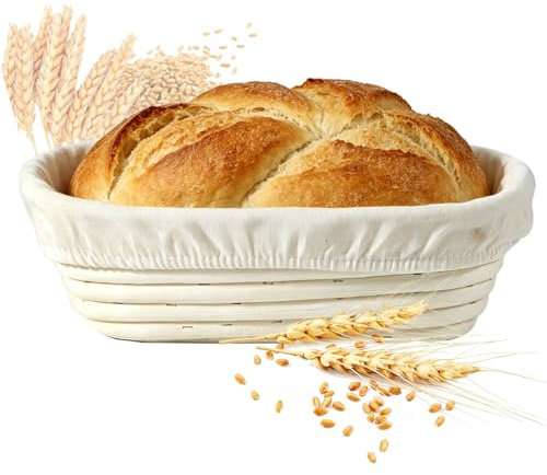 Cesto di Lievitazione Artigianale in Rattan Naturale, Cestino Rotondo per Pane Fatto a Mano con Fodera in Lino Biologico, Contenitore per Fermentazione di Pasta Madre e Impasto Pizza 25 x 15 x 8 cm