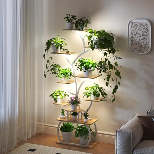 Bonnlo Soporte para Plantas con Luz, Soporte Macetas 155 cm, con Temporizador y Luz Ajustable, Estructura Metal con Tabelos Impermeables, Forma de Árbol, Color Roble con Tubo Blanco