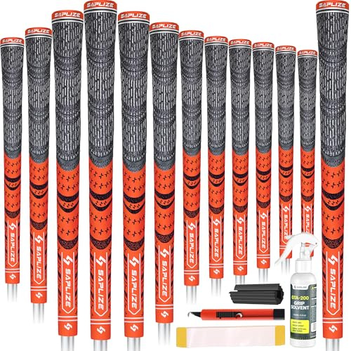 SAPLIZE Puños de golf de 13 piezas con kit de regripping completo, mediano, caucho de cordón, puños de club de golf híbrido, naranja fluorescente