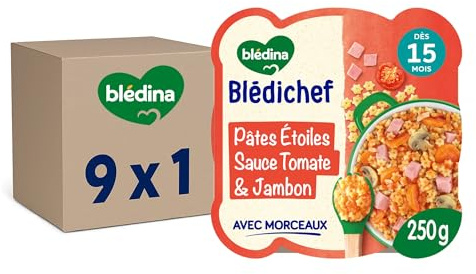 Blédina - Blédichef - Repas Bébé 15 Mois - 9 Plats Pâtes Etoiles Sauce Tomate Jambon - Petits Morceaux - Faible Teneur en Sel - Dès 15 Mois - 9 Assiettes de 250g