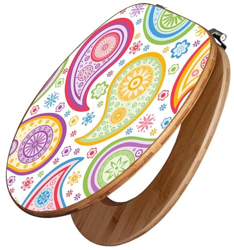 banjado Design WC Sitz Bambus 45x37,5cm / Toilettendeckel/Toilettensitz Bambus - hochwertiger Bambus Klodeckel/WC-Sitz Universal für alle gängigen Toiletten/Motiv Paisley bunt