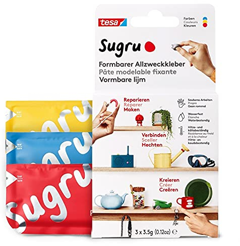 Sugru by tesa - Formbarer Allzweckkleber, 3er-Pack, 3 x 3,5 g, Rot, Blau & Gelb - vielseitige Klebeknete - zum Dekorieren, Kleben, Reparieren und für kreative DIY-Anwendungen
