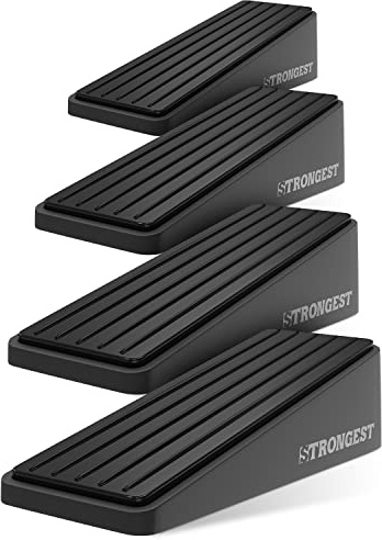 STRONGEST HOME Door Stoppers for Bottom of Door – Heavy Duty Metal Rubber Stopper, Non-Slip Door Stop for Heavy Doors, Works on Wood, Tile & Carpet, Wedge Black 4 PCs + 4 White Wall Protectors