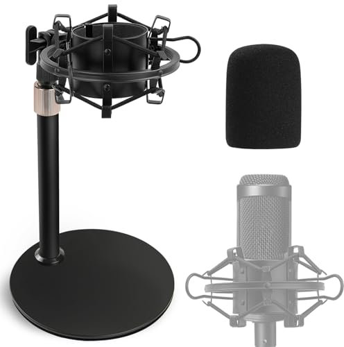 AT2020 Desktop Microphone Stand with Shock Mount & Foam Windscreen, Adjustable Mic Stand Desk with Pop Filter Shockmount for Audio Technica AT2020 AT2020USB+ AT2035 ATR2500 Condenser Microphone Frgyee