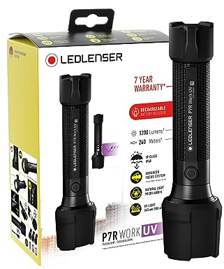 Ledlenser P7R Work UV - LED Wiederaufladbar mit Hilfs-UV-Taschenlampe, Superhell 1200 Lumen, Wasserabweisend, Fleckerkennung, UV-Taschenlampe 365nm, Professionelle Suchscheinwerfer-Taschenlampe, bis