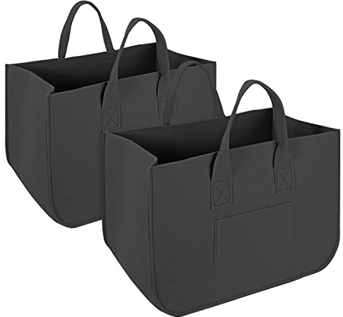 Vinsani 2 Pack Felt Storage Baskets Multifunctional Foldable Large Open Bags with Strong Handles Laundry Hamper Shopping Tote Storage Bag for Firewood Toys Books Clothes Newspapers – Black
