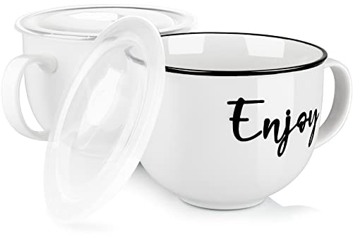 DAYYET Soup Mugs with Handles and Vented Lids, 26 oz Microwavable Soup Bowls, Ceramic Mugs Set for Overnight Oats, Cereal, Noodles, Ramen, Pasta, Salad, Oversized Coffee Mugs, Set of 2, White