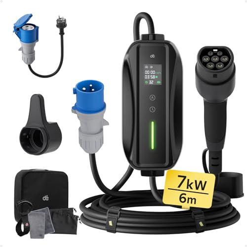 dé Cavo Ricarica Auto Elettrica Tipo 2 CEE 7,4kW [Monofase| 6m| 6-32A] Caricatore Auto Elettrica Tipo 2 con Adattatore Schuko, con LCD Controllo Digitale Compatibile con Model Y/3 e Altri EV/PHEV