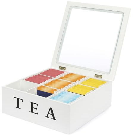 Van Henry Teebox Teekiste aus Holz mit 9 Fächern und Sichtfenster - Teebeutel Aufbewahrungsbox Weiß - 21,5 x 21,5 x 8,5 cm