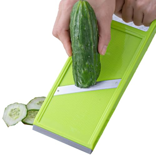 Handheld Potato Slicer & French Fry Cutter, Stainless Steel Manual Vegetable Slicer for Chips Homemade Fries Carrots Zucchini Easy Grip Green Slicer Chip Maker (4.25x10.8in)