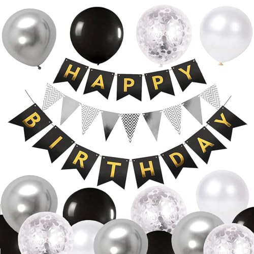 YELYAN Happy Birthday Banner, Balloons, Bunting & Ribbons - Black & Silver Birthday Decoration Pack