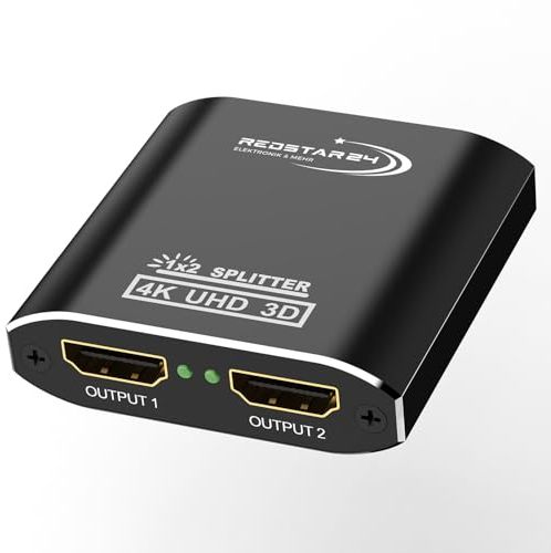 RedStar24 HDMI Splitter 4K@60Hz, 1 In 2 Out HDMI Verteiler Aluminium, unterstützt HDCP, 4K, 3D, UHD, 1080P - Kompatibel mit Xbox, PS4, PS3, Roku, Blu-Ray-Player, Firestick, HDTV und Apple TV