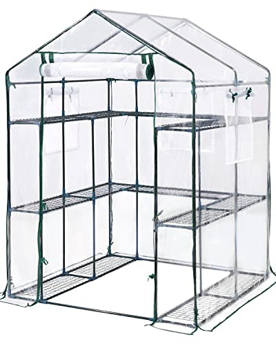 KING BIRD Premium Greenhouse for Outdoors, 56x56x77 in Walk-in Hot House with Thickened Cover, Reinforced Frame, Screen Windows & Mesh Door, 3 Tiers 14 Shelves for Outside Garden Seedlings, Clear