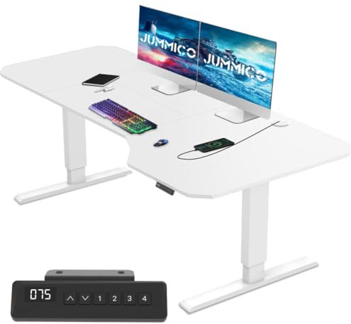 JUMMICO HöHenverstellbarer Schreibtisch Weiß 180 x 85 cm L-förmiger Schreibtisch Höhenverstellbar Elektrisch,Ergonomie Gaming Tisch mit Haken (Weiß)