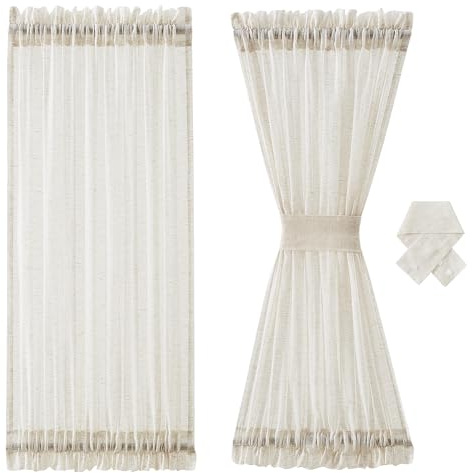 Treatmentex Cortinas de lino natural para puerta francesa, cortinas transparentes de 183 cm de largo para puerta delantera de cristal, color beige neutro, 52 pulgadas de ancho x 72 pulgadas de largo