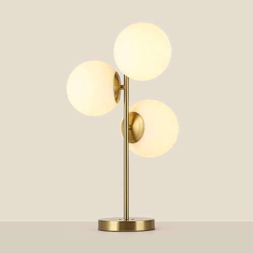 BARCELONA LED - Lámpara de Mesa ROM Dorada – 3 Esferas de Cristal Opalino. 3x casquillo E27 – Lámpara de Escritorio o Mesita de Noche. Iluminación Decorativa para Salón, Dormitorio u Oficina