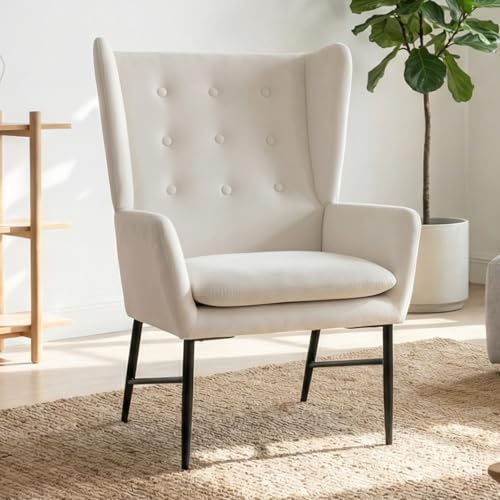 Ya-Home Fauteuils de Salon Confortable en Velour Fauteuil Scandinave avec Pieds en Métal Chaises de Lecture Relaxantes à Dos de l'Aile (Beige)