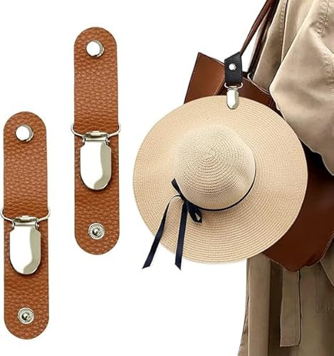 Pinces à Chapeau, 2pcs Clip à Chapeau, Porte Chapeau PU Clip, Clips Chapeau Voyage, Chapeau Multifonctionnel Clip, Pince Chapeau de Paille, pour Sac à Main Bagages Accessoire Voyage (Couleur C)