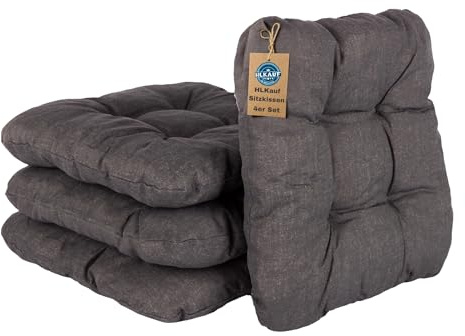 HLKauf 4 | 6 | 8er Set Sitzkissen 36x36x6 cm | weiche Kissen | Für Garten, Camping, Gastronomie oder Bistro | Oeko-Tex und Made in EU (Anthrazit & 1x HLKauf-Block, 4er-Set)