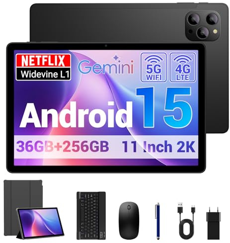 BEYNIVAN Tablet 11 Pollici Android 15 Tablet in Offerta con 4G LTE/5G WiFi, 36GB RAM+256GB ROM+2TB Espansione,8000mAh,Foto AI16MP+8MP,Face ID/GPS/BT 5.0/TÜV,tablets con Tastiera,Nero